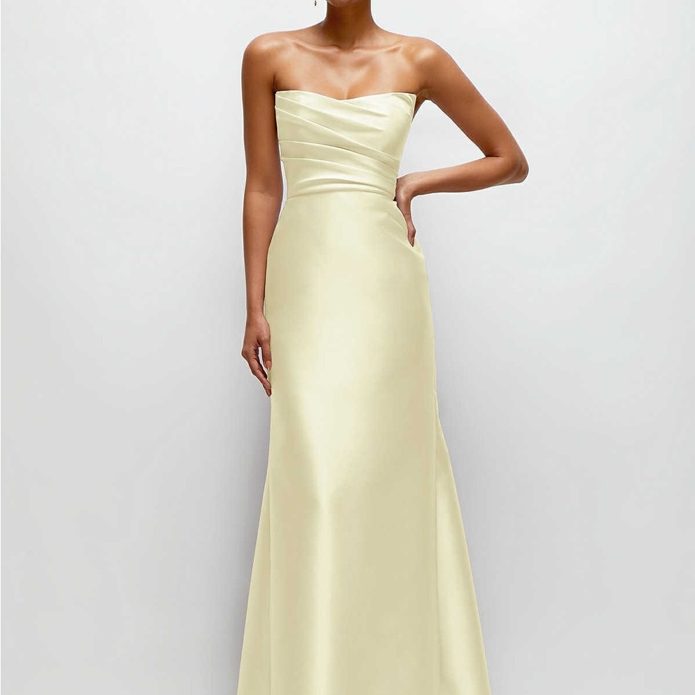 ALFRED SUNG STRAPLESS CAT-EYE DRAPED BODICE SATIN TUMPET DRESS IN BUTTER YELLOW